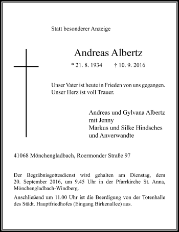 Traueranzeige von Andreas Albertz von Rheinische Post
