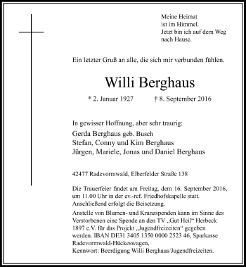 Traueranzeige von Willi Berghaus von Rheinische Post