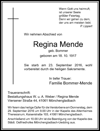 Traueranzeige von Regina Mende von Rheinische Post