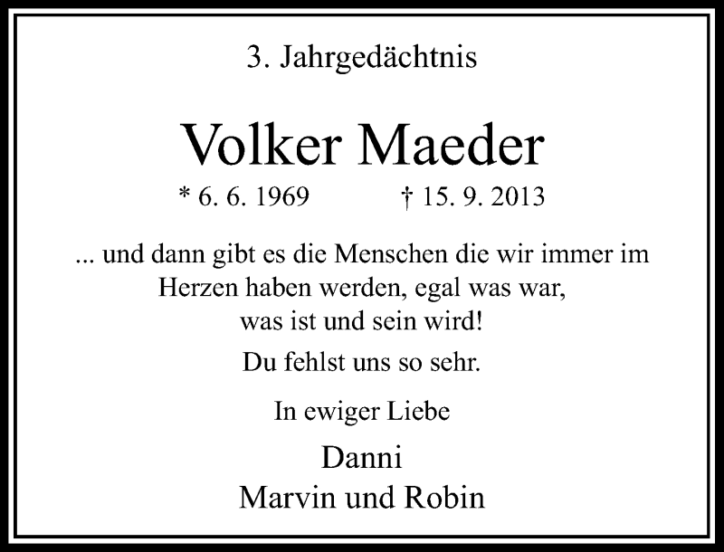  Traueranzeige für Volker Maeder vom 15.09.2016 aus Rheinische Post