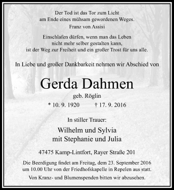 Traueranzeige von Gerda Dahmen von Rheinische Post