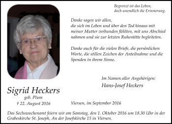 Traueranzeige von Sigrid Heckers von Rheinische Post