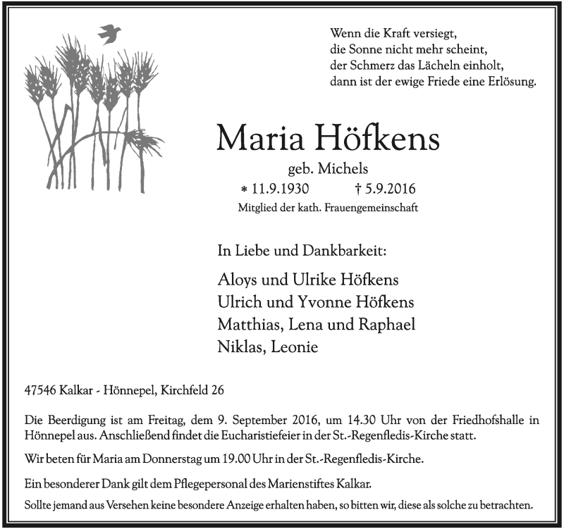  Traueranzeige für Maria Höfkens vom 07.09.2016 aus Rheinische Post