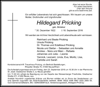 Traueranzeige von Hildegard Pricking von Rheinische Post