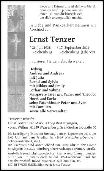 Traueranzeige von Ernst Tenzer von Rheinische Post