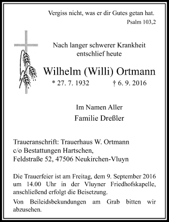 Traueranzeige von Wilhelm Ortmann von Rheinische Post