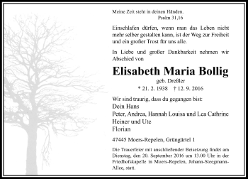 Traueranzeige von Elisabeth Maria Bollig von Rheinische Post