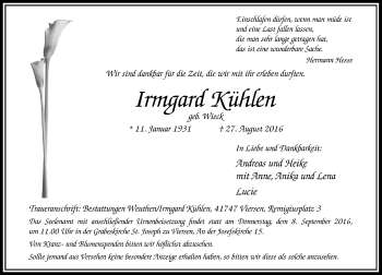 Traueranzeige von Irmgard Kühlen von Rheinische Post