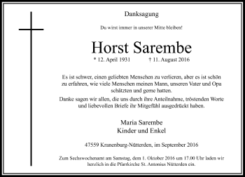 Traueranzeige von Horst Sarembe von Rheinische Post
