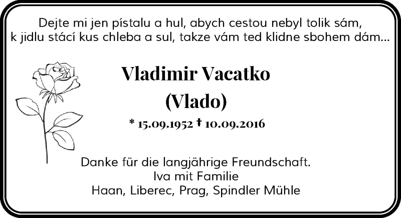  Traueranzeige für Vladimir Vacatko vom 17.09.2016 aus Rheinische Post