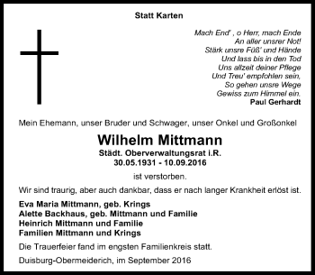 Traueranzeige von Wilhelm Mittmann von Rheinische Post