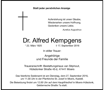 Traueranzeige von Alfred Kempgens von Rheinische Post