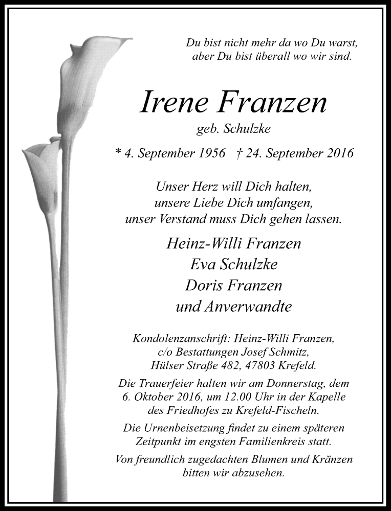  Traueranzeige für Irene Franzen vom 01.10.2016 aus Rheinische Post
