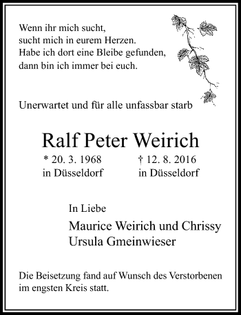 Traueranzeige von Ralf Peter Weirich von Rheinische Post