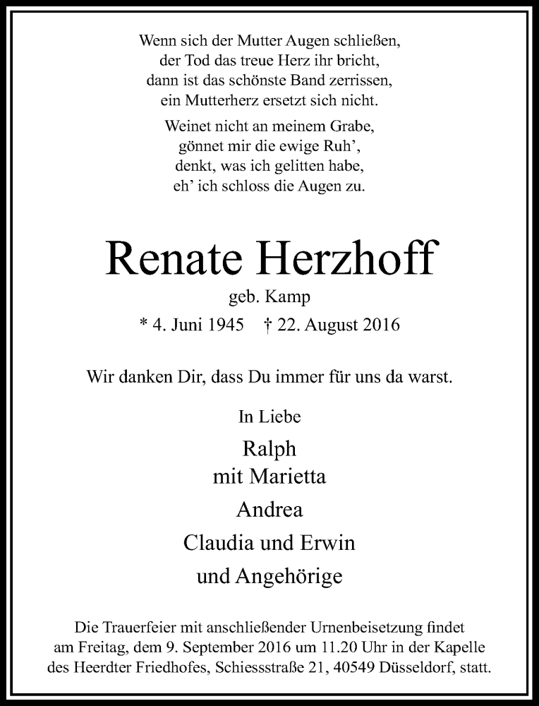  Traueranzeige für Renate Herzhoff vom 03.09.2016 aus Rheinische Post