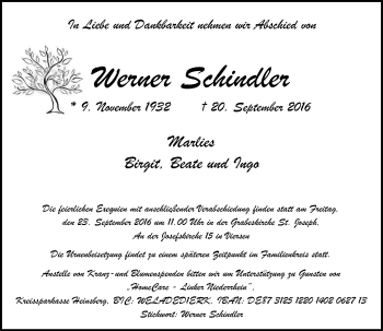 Traueranzeige von Werner Schindler von Rheinische Post