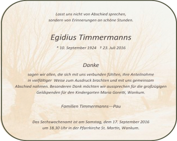 Traueranzeige von Egidius Timmermanns von Rheinische Post