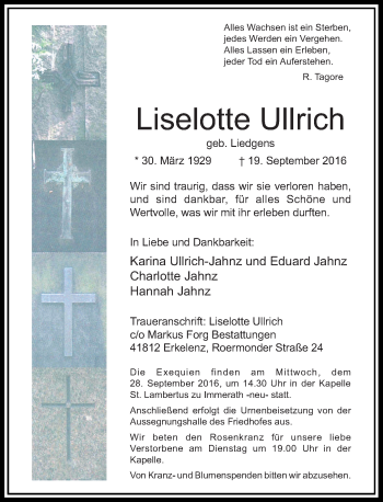 Traueranzeige von Liselotte Ullrich von Rheinische Post