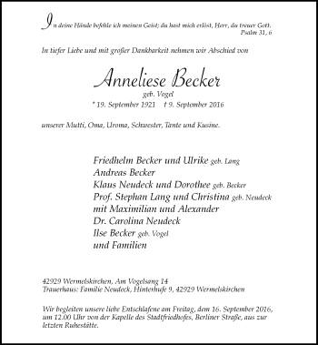 Traueranzeige von Anneliese Becker von Rheinische Post