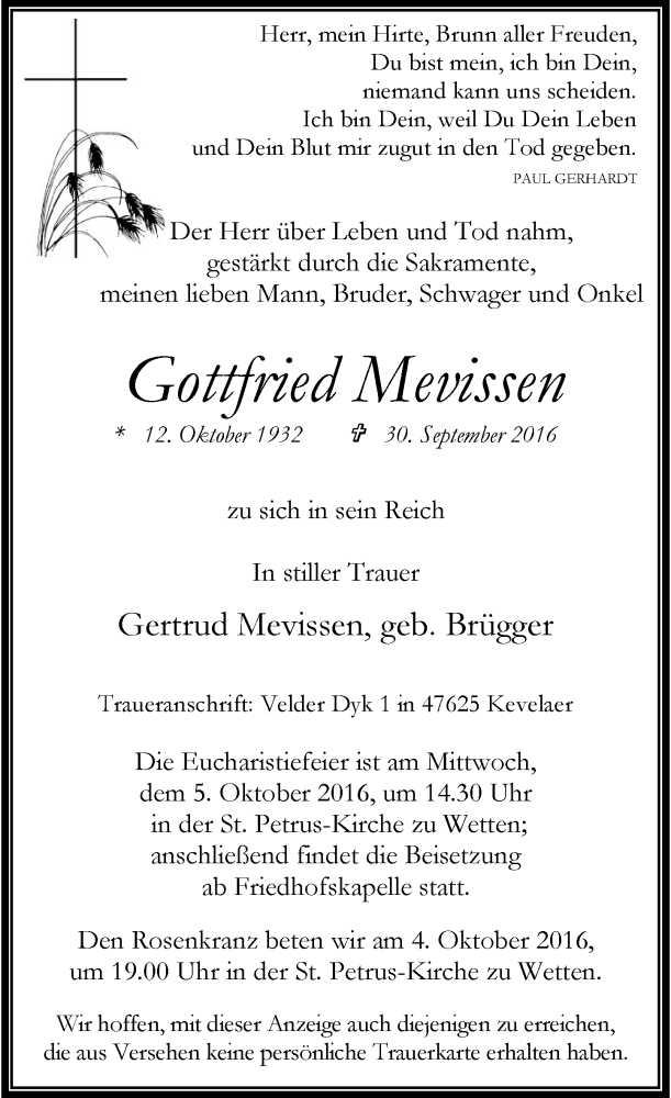  Traueranzeige für Gottfried Mevissen vom 03.10.2016 aus Rheinische Post
