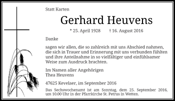 Traueranzeige von Gerhard Heuvens von Rheinische Post