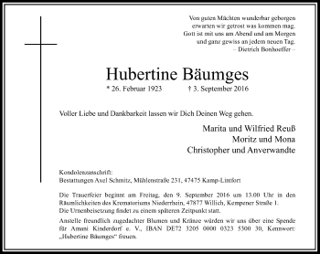 Traueranzeige von Hubertine Bäumges von Rheinische Post