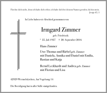 Traueranzeige von Irmgard Zimmer von Rheinische Post