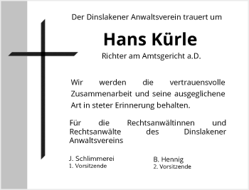 Traueranzeige von Hans Kürle von Rheinische Post
