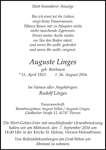 Traueranzeige von Auguste Linges von Rheinische Post