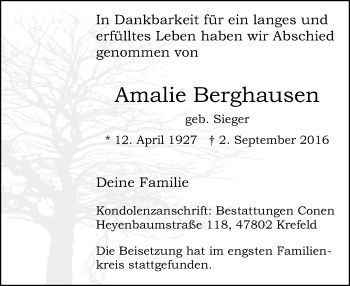 Traueranzeige von Amalie Berghausen von Rheinische Post