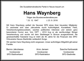 Traueranzeige von Hans Waynberg von Rheinische Post