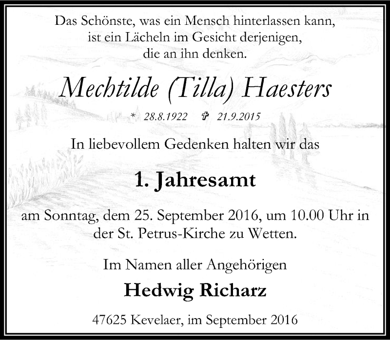  Traueranzeige für Mechtilde Haesters vom 24.09.2016 aus Rheinische Post