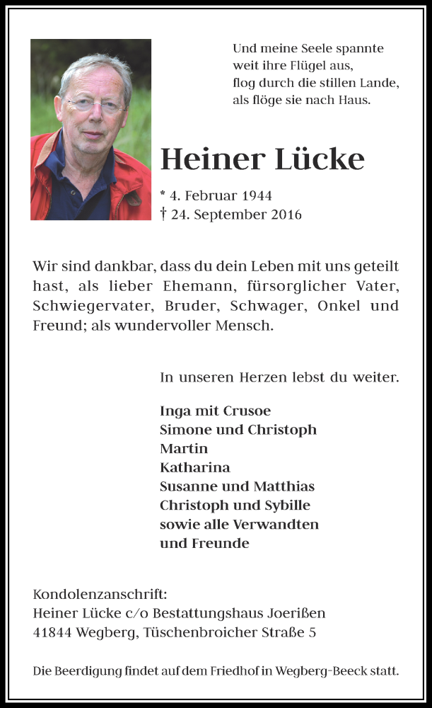  Traueranzeige für Heiner Lücke vom 28.09.2016 aus Rheinische Post