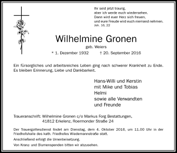 Traueranzeige von Wilhelmine Gronen von Rheinische Post