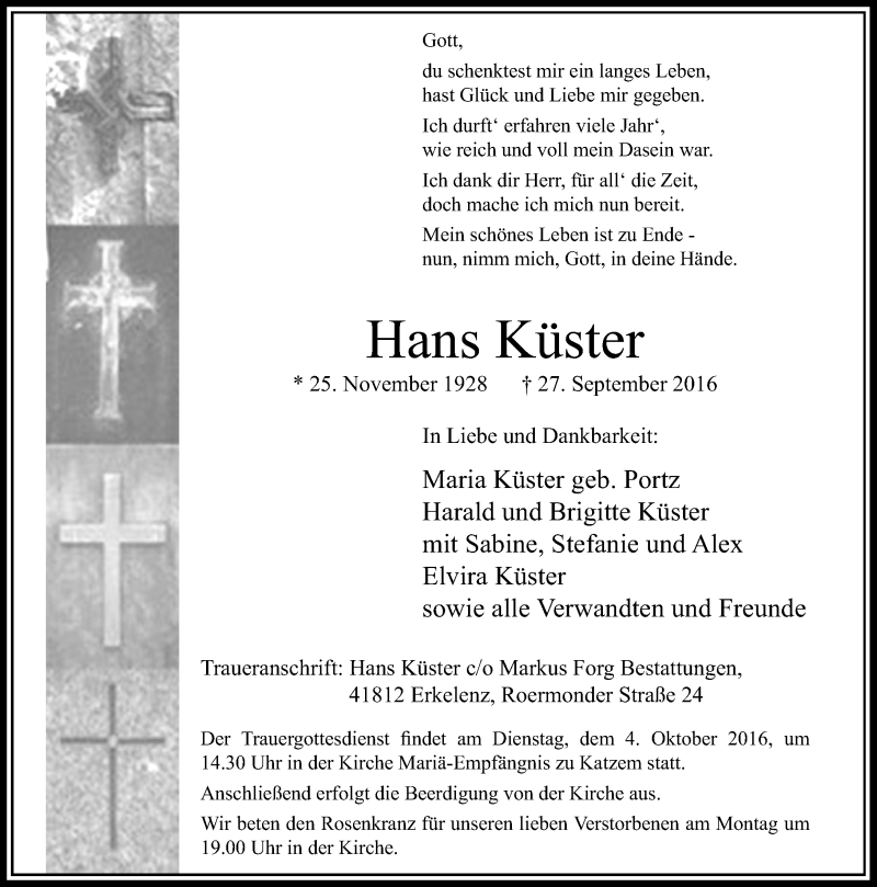  Traueranzeige für Hans Küster vom 01.10.2016 aus Rheinische Post