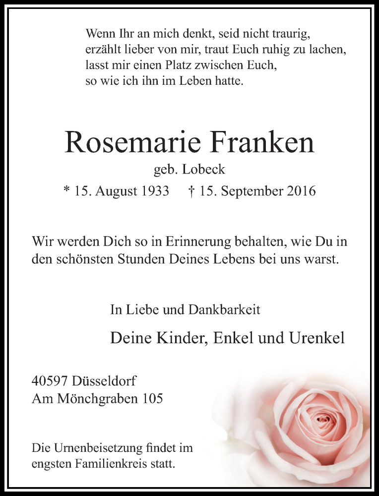 Traueranzeige für Rosemarie Franken vom 17.09.2016 aus Rheinische Post