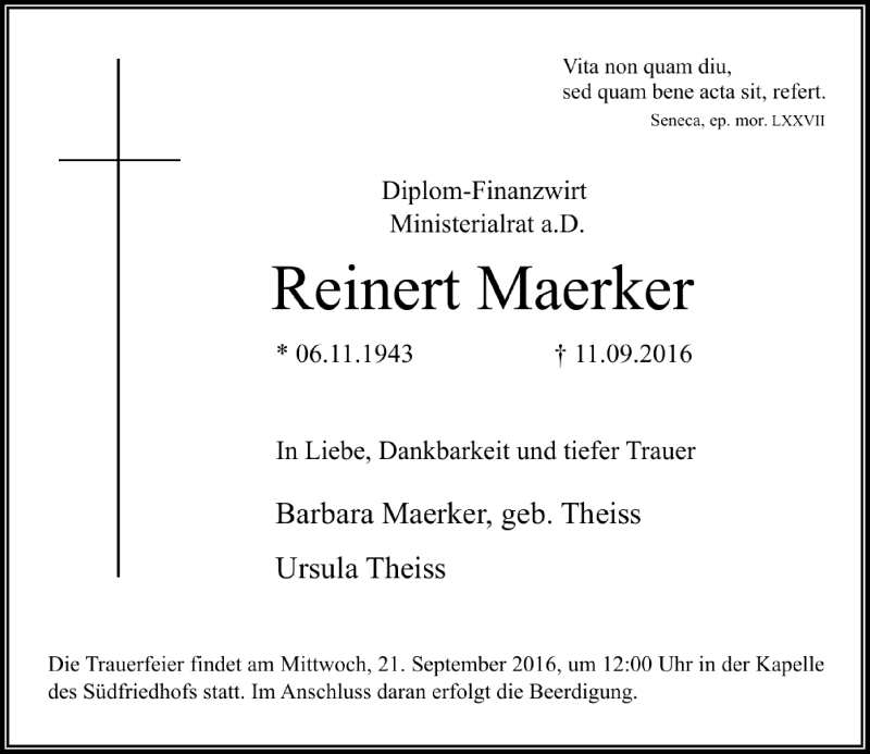  Traueranzeige für Reinert Maerker vom 16.09.2016 aus Rheinische Post