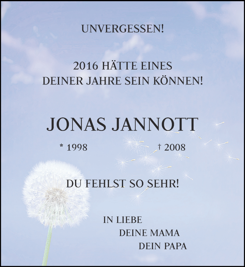  Traueranzeige für Jonas Jannott vom 27.09.2016 aus Rheinische Post