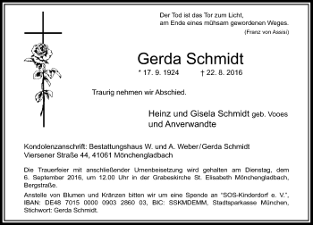 Traueranzeige von Gerda Schmidt von Rheinische Post