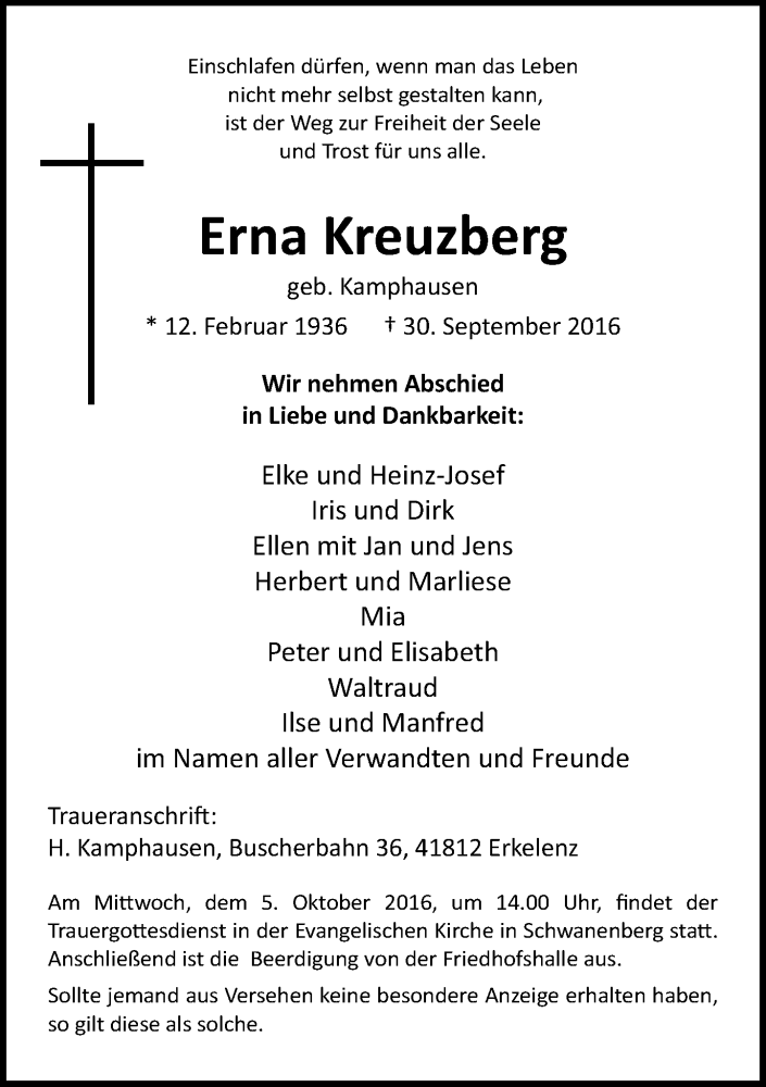  Traueranzeige für Erna Kreuzberg vom 01.10.2016 aus Rheinische Post