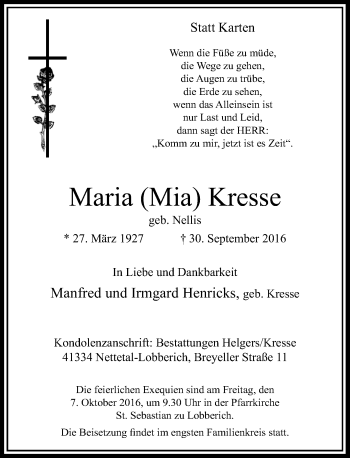 Traueranzeige von Maria Kresse von Rheinische Post