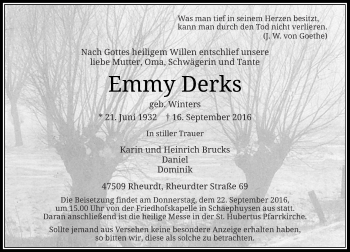 Traueranzeige von Emmy Derk von Rheinische Post