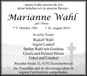 Traueranzeige von Marianne Wahl von Rheinische Post