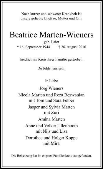 Traueranzeige von Beatrice Marten-Wieners von Rheinische Post