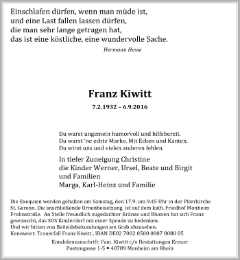 Traueranzeige von Franz Kiwitt von Rheinische Post