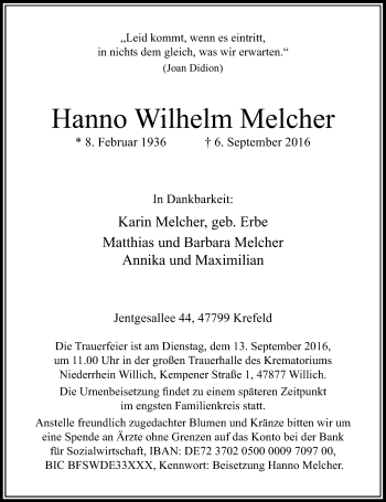Traueranzeige von Hanno Wilhelm Melcher von Rheinische Post