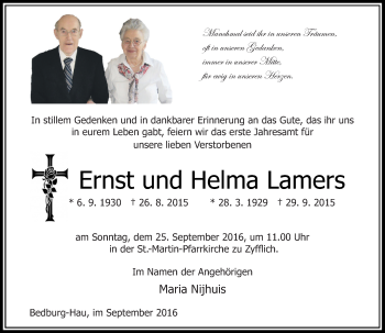 Traueranzeige von Ernst und Helma Lamers von Rheinische Post