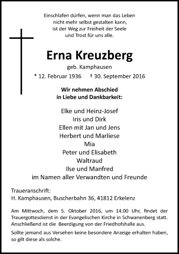 Traueranzeige von Erna Kreuzberg von Rheinische Post