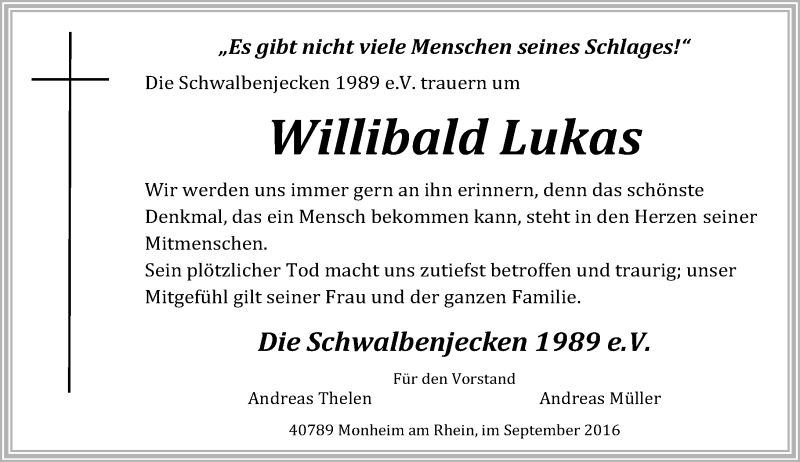  Traueranzeige für Willibald Lukas vom 03.09.2016 aus Rheinische Post