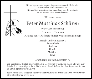 Traueranzeige von Peter Matthias Schüren von Rheinische Post